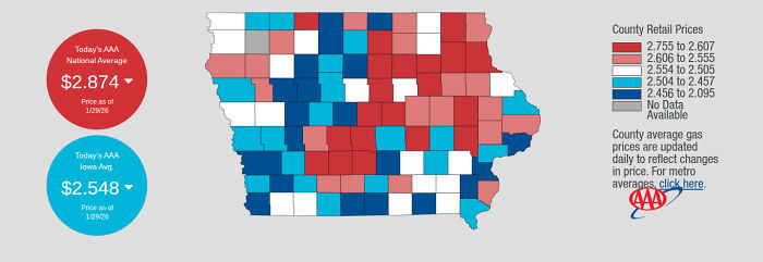 Map of Iowa showing county gas price variations with national and Iowa averages highlighted for gas prices. Map of Iowa showing county gas price variations with national and Iowa averages highlighted for gas prices.