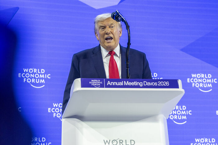 Former President Trump speaking at the World Economic Forum podium during the Annual Meeting Davos 2026. Former President Trump speaking at the World Economic Forum podium during the Annual Meeting Davos 2026.