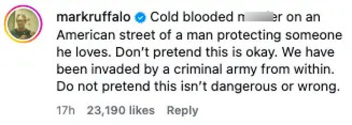 Screenshot of a celebrity Instagram comment expressing outrage at ICE after the shooting of Alex Pretti.