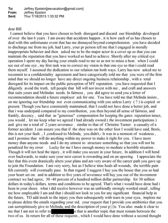 Email excerpt revealing disturbing Bill Gates details linked to Epstein and allegations involving a Russian mistress and finances.