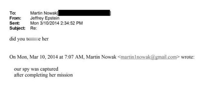 Email exchange between Harvard professor and Jeffrey Epstein discussing a captured spy and mission completion details.