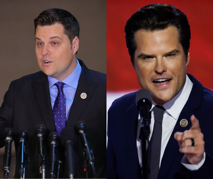 Two men speaking at separate podiums with microphones, representing MAGA stars linked to Mar-a-Lago face controversies.