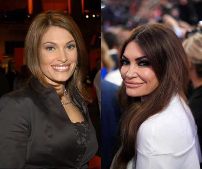 Two women with styled hair and makeup at separate events, featured in a story about MAGA stars and Mar-a-Lago face trends.