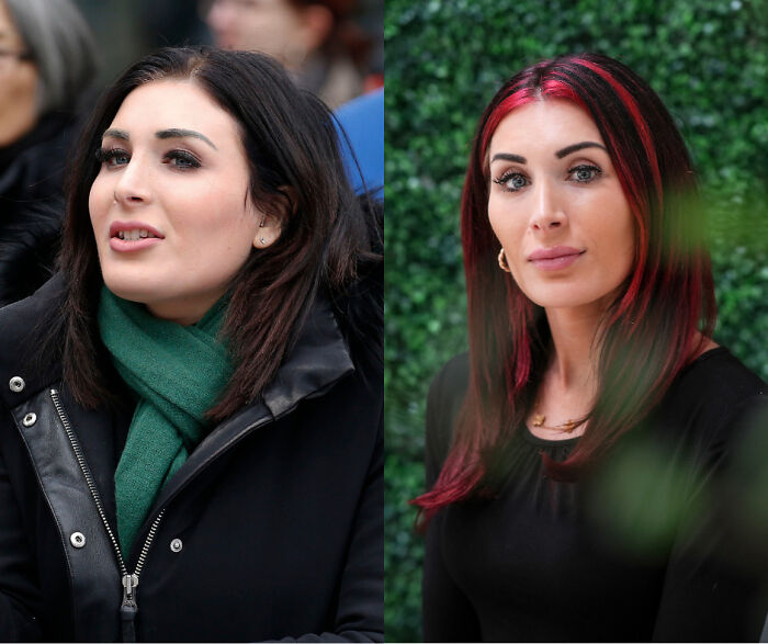 Two women representing MAGA stars, one with black hair and green scarf, another with black and red hair, posing outdoors with Mar-a-Lago background.