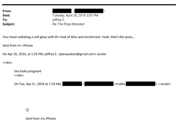 Email screenshot referencing the word pizza multiple times in the latest Epstein file dump documents.