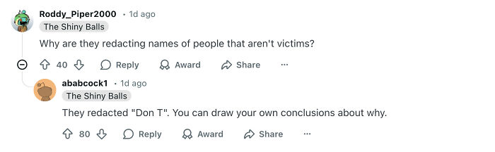 Screenshot of an online discussion about DOJ allegedly redacting Trump&rsquo;s name in Epstein files, raising questions and theories.