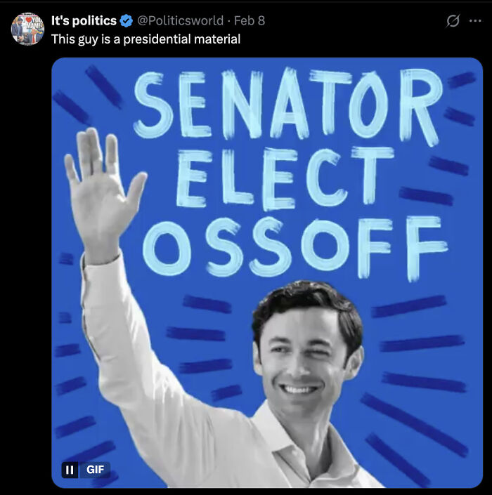 Young senator Ossoff waving with text senator elect Ossoff and scathing Trump comparison trending online.