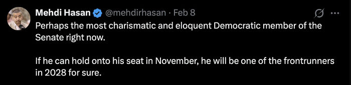 Tweet from Mehdi Hasan praising a young senator's charisma and potential presidential run, mentioning Democratic Senate frontrunners.