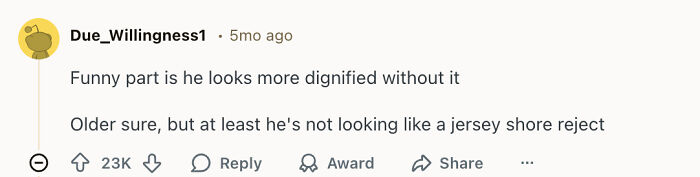 Comment highlighting opinions on Trump skipping makeup, noting a more dignified yet older appearance, sparking reactions.