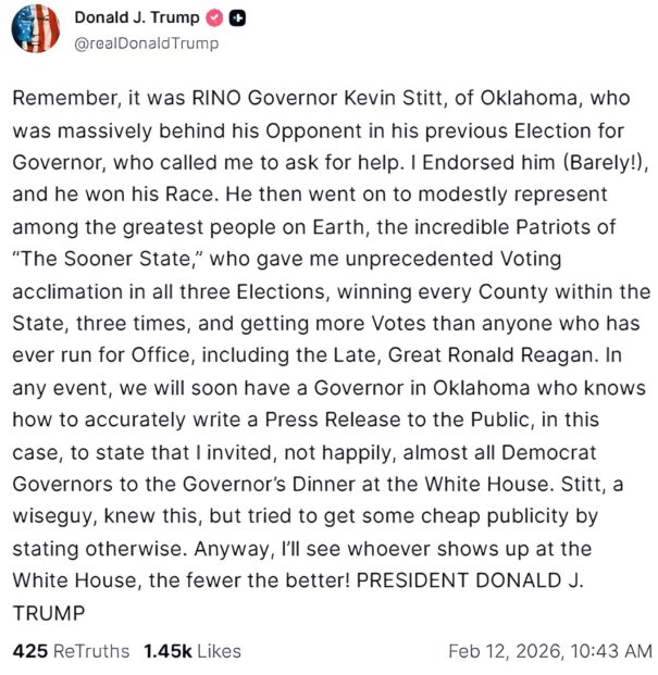 Donald Trump criticizing RINO Governor Kevin Stitt of Oklahoma over bipartisan White House dinner dispute in a social media post.