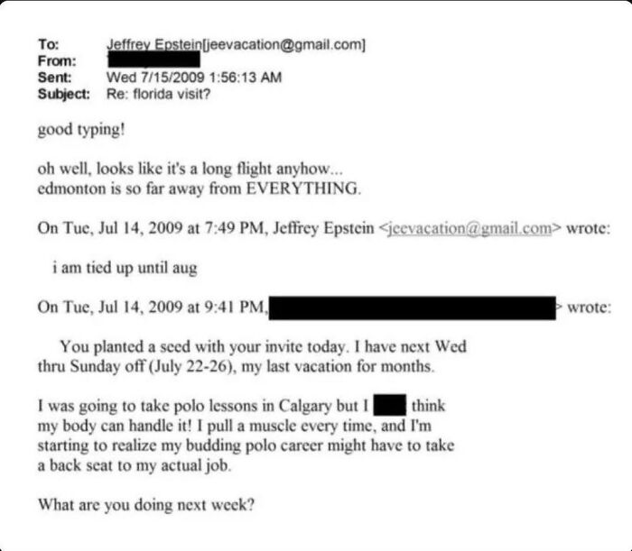 Email excerpt from the Epstein files showing redactions believed to hide Trump&rsquo;s name in DOJ documents.